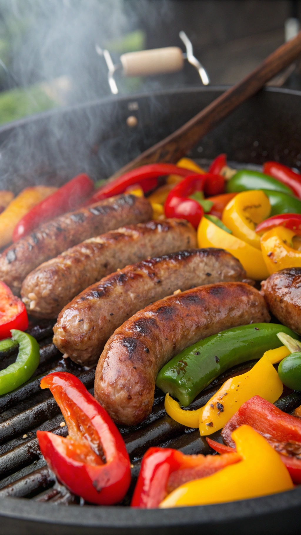 Grilled sausages and colorful bell peppers sizzling on a grill