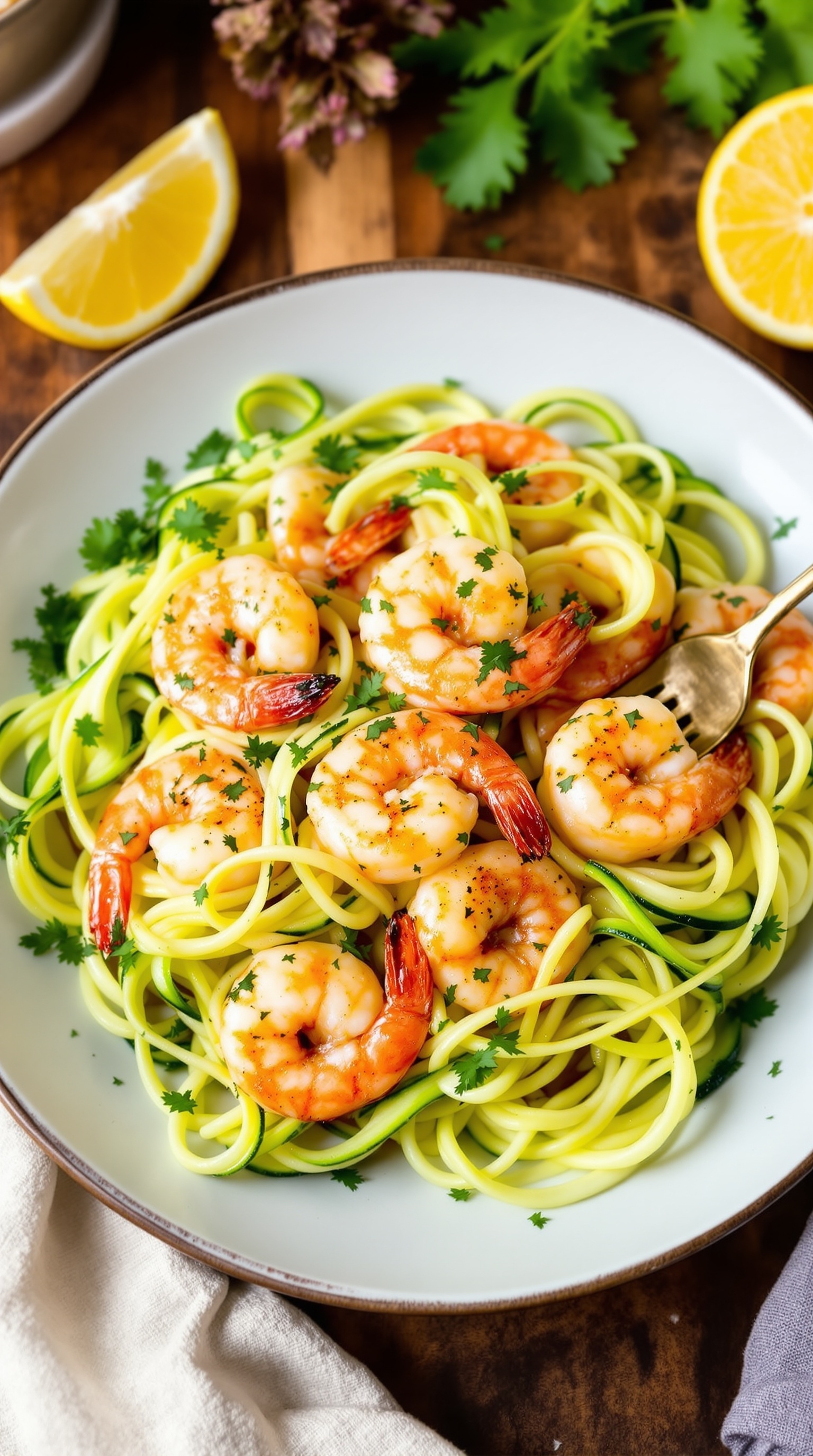 A plate of garlic butter shrimp served with zucchini noodles, garnished with fresh herbs and lemon slices.