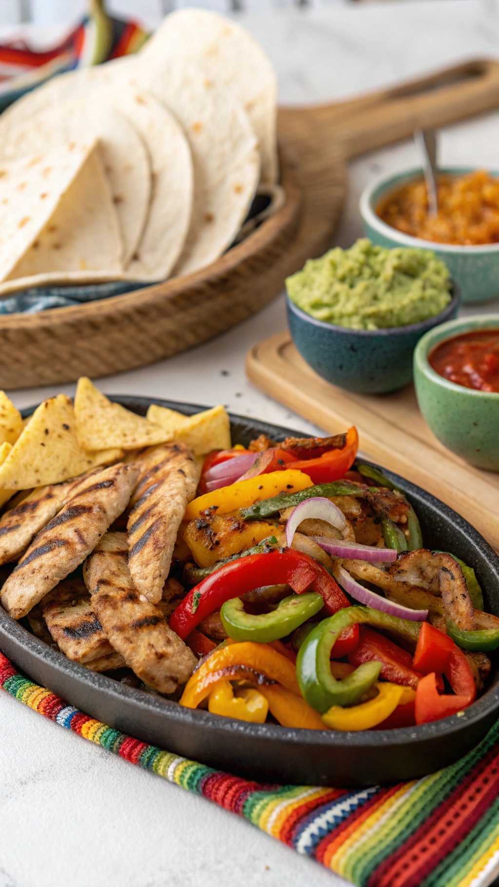 A colorful spread of grilled chicken fajitas with peppers, tortillas, and dips.