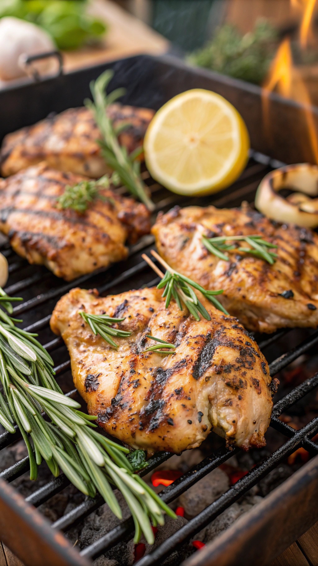 Grilled chicken thighs with garlic marinade on a grill, garnished with herbs and lemon.