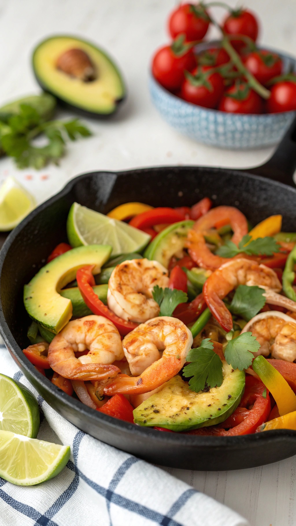 A colorful shrimp and avocado skillet with bell peppers and lime