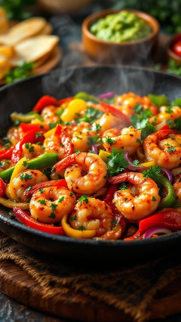A colorful dish of sizzling shrimp fajitas with bell peppers and onions.