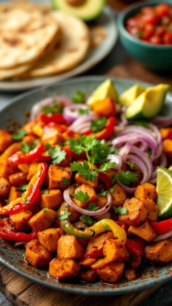 A plate of sizzling sweet potato fajitas with colorful peppers and onions, garnished with cilantro and lime.