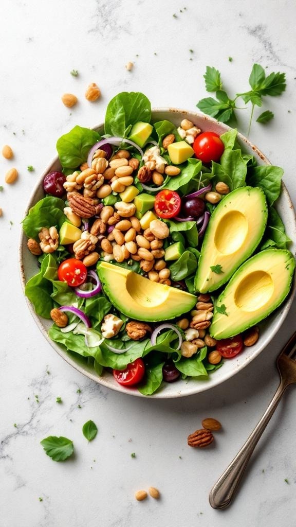 A colorful salad with greens, nuts, cherry tomatoes, and avocado slices.