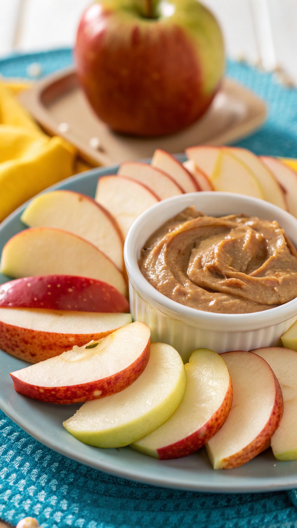 Sliced apples arranged around a bowl of almond butter on a blue plate.