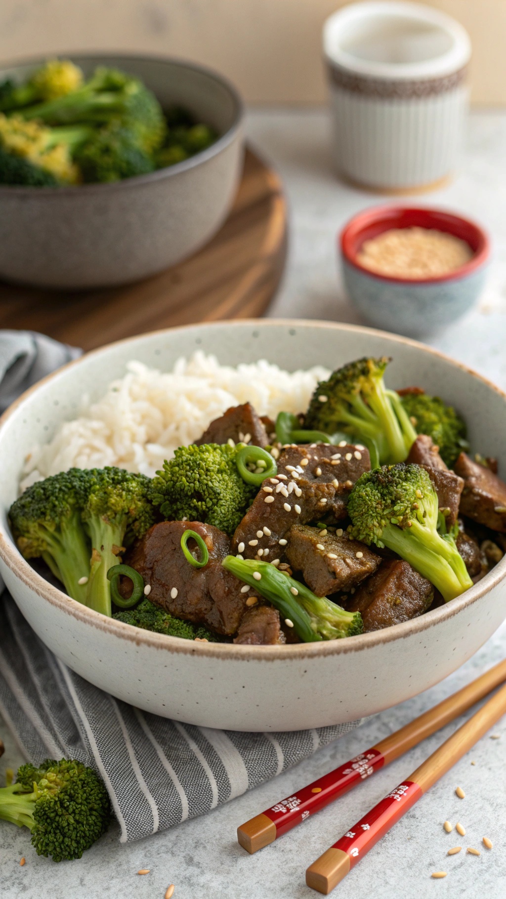 A bowl of slow cooker beef and broccoli with rice, garnished with sesame seeds and green onions.
