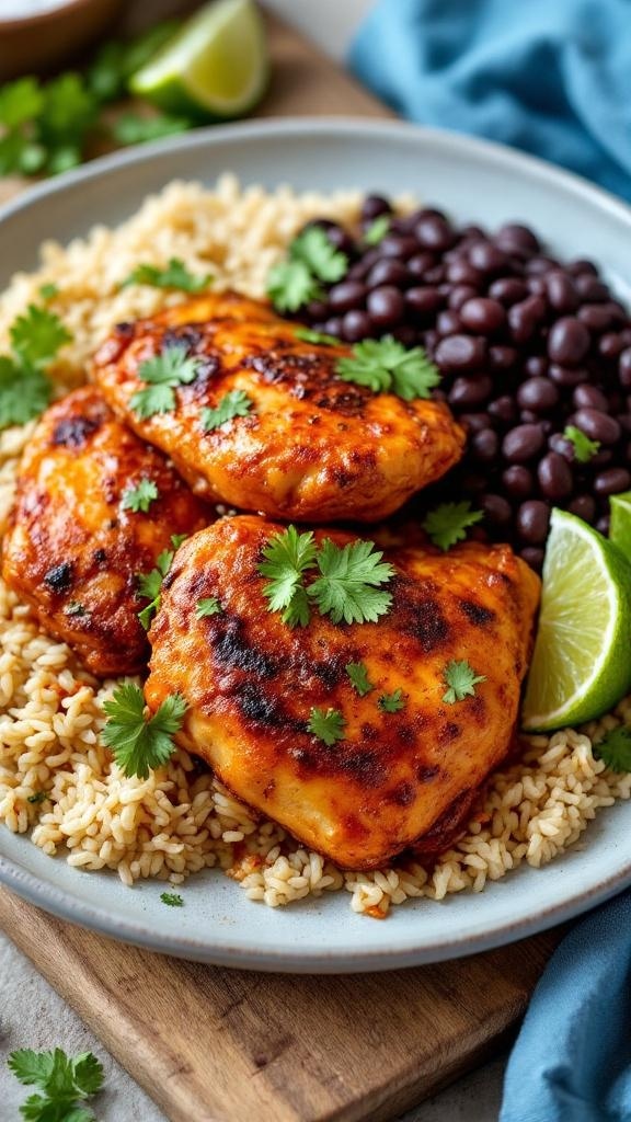 Smoky chipotle chicken thighs served with rice and black beans, garnished with cilantro and lime.