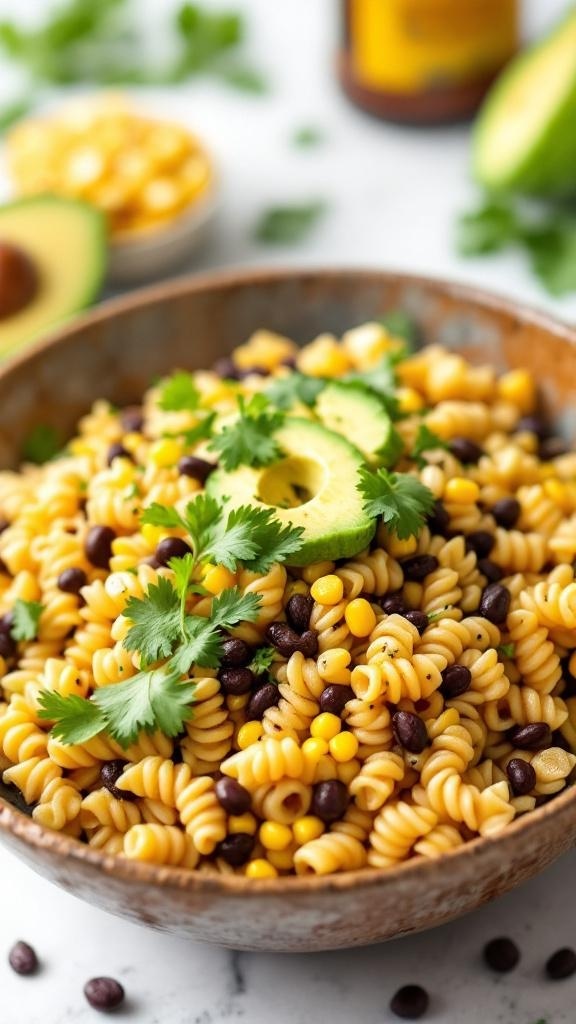 A bowl of Smoky Chipotle Corn and Pasta Salad with rotini pasta, corn, black beans, avocado, and cilantro.