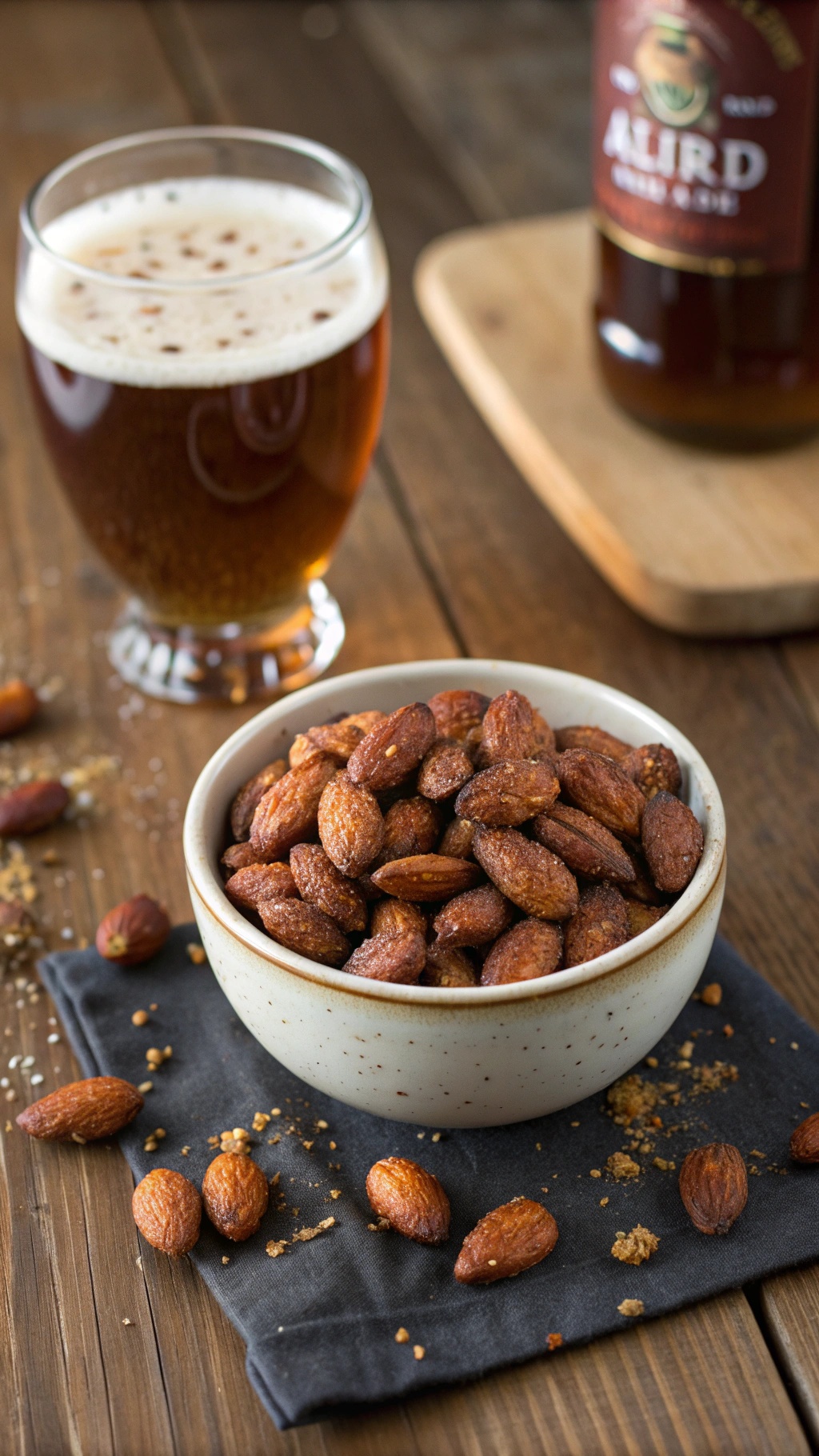 A bowl of smoky roasted almonds on a wooden table with a glass of beer in the background.