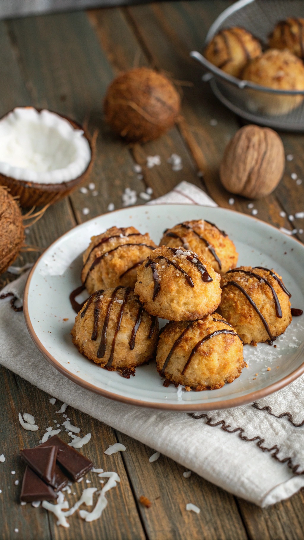 A plate of coconut macaroons drizzled with chocolate and sprinkled with sea salt.