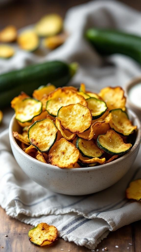 A bowl of crispy zucchini chips with fresh zucchinis in the background.