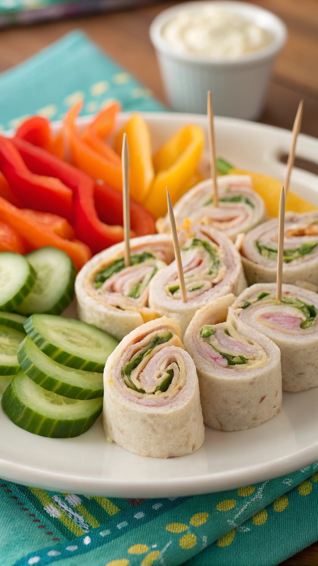 Turkey and cheese roll-ups with fresh vegetables on a plate