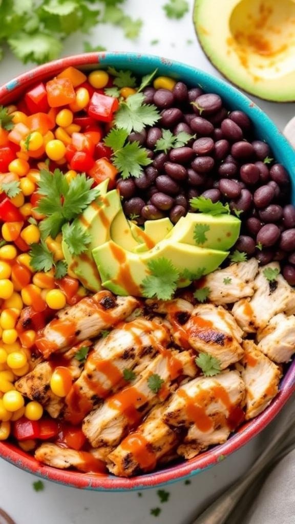 A colorful Southwestern Chicken Taco Bowl with grilled chicken, black beans, corn, diced bell peppers, avocado slices, and chipotle dressing.
