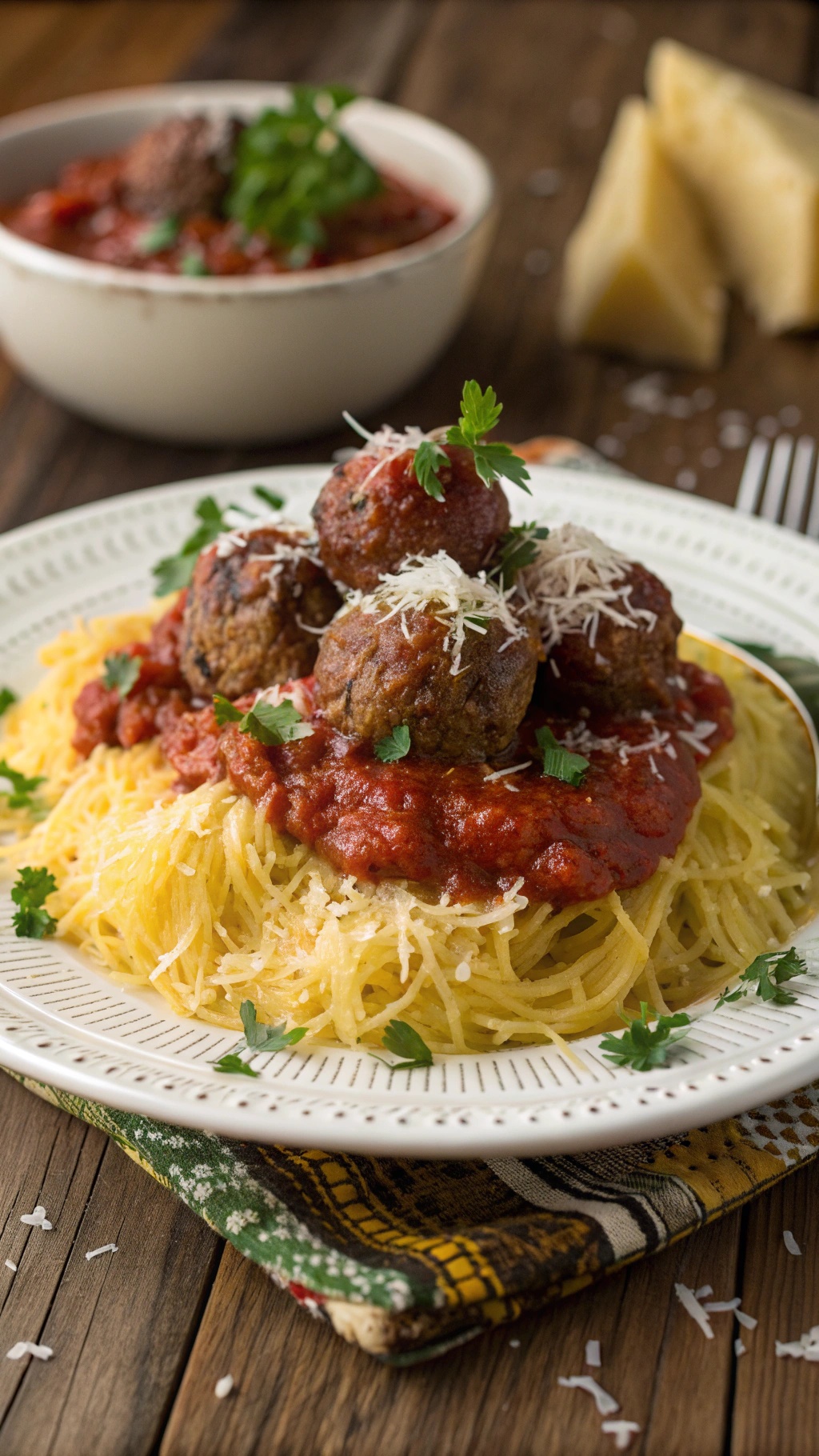 A plate of spaghetti squash topped with meatballs and marinara sauce, garnished with parsley.
