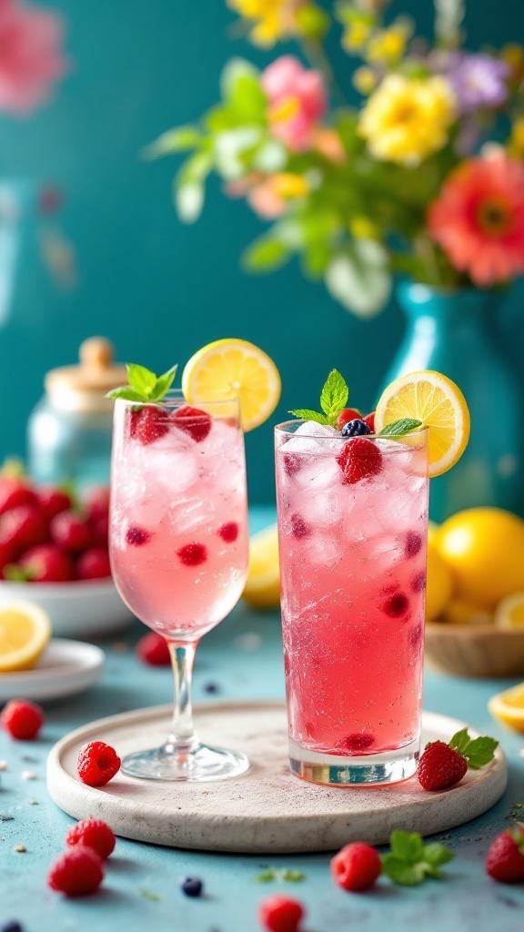 Two glasses of sparkling berry lemonade garnished with lemon slices and mint leaves, surrounded by fresh raspberries and a colorful bouquet.