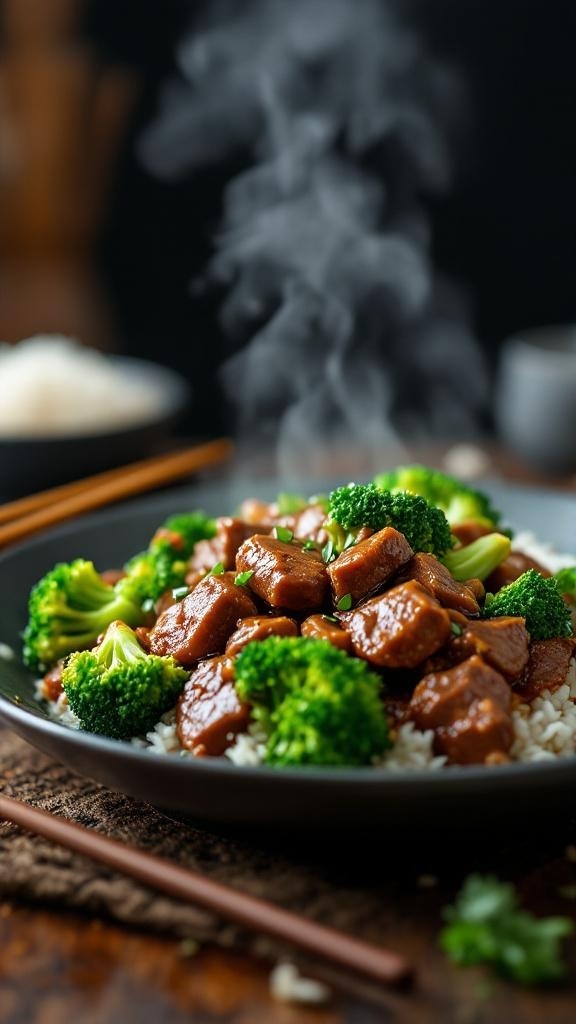 A delicious beef and broccoli stir-fry served over rice, with steam rising from the dish.