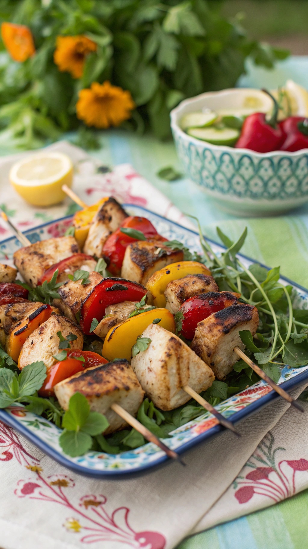Grilled chicken and vegetable skewers on a platter with fresh herbs and lemon slices.
