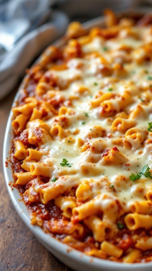 A delicious dish of baked ziti topped with melted cheese and herbs.