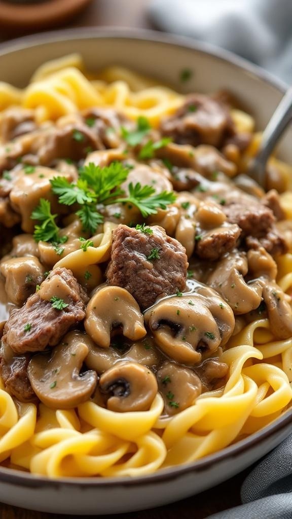 A bowl of creamy beef stroganoff served over egg noodles, garnished with parsley.