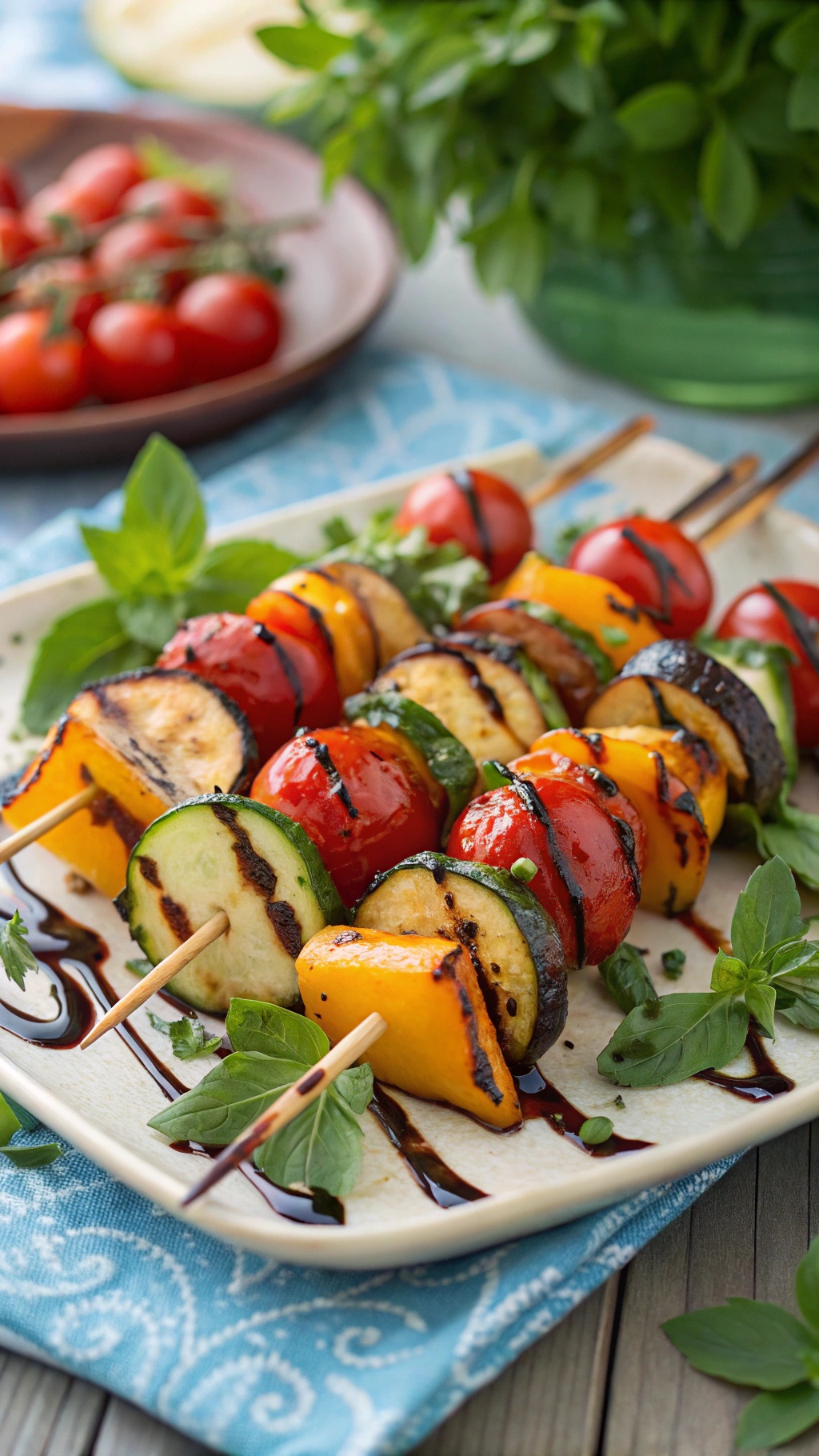 Colorful grilled vegetable skewers with balsamic glaze on a plate