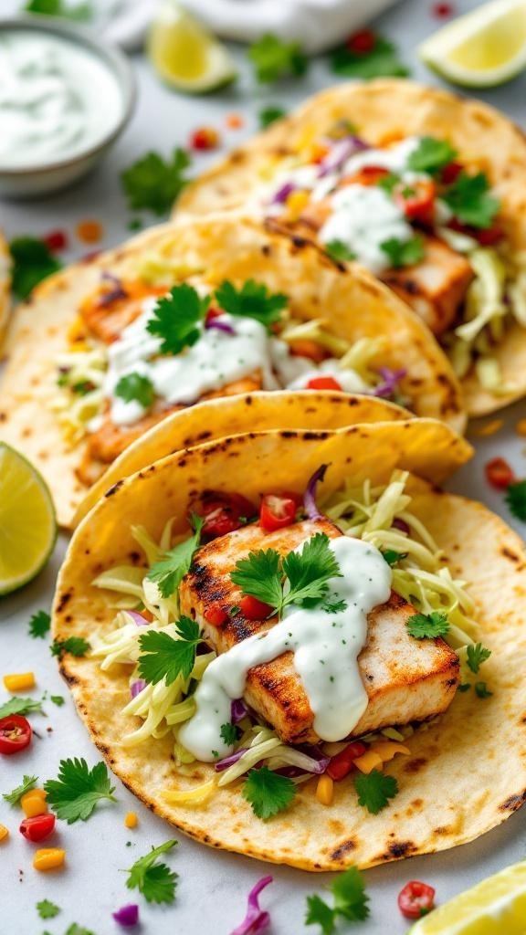 Three Mediterranean fish tacos with grilled fish, cabbage, tomatoes, and a creamy sauce, garnished with cilantro.