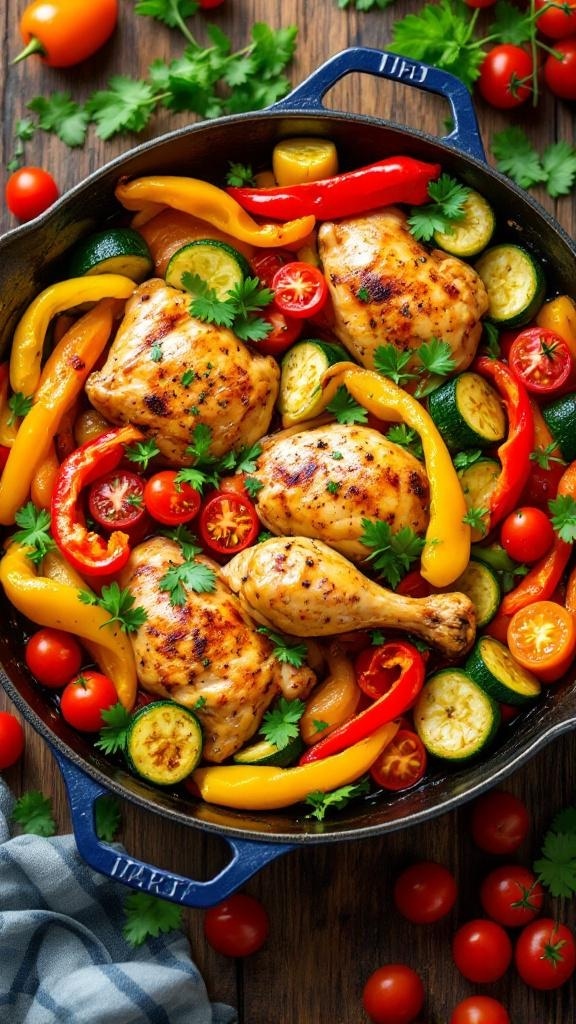 One-pan chicken and vegetables with colorful bell peppers and cherry tomatoes