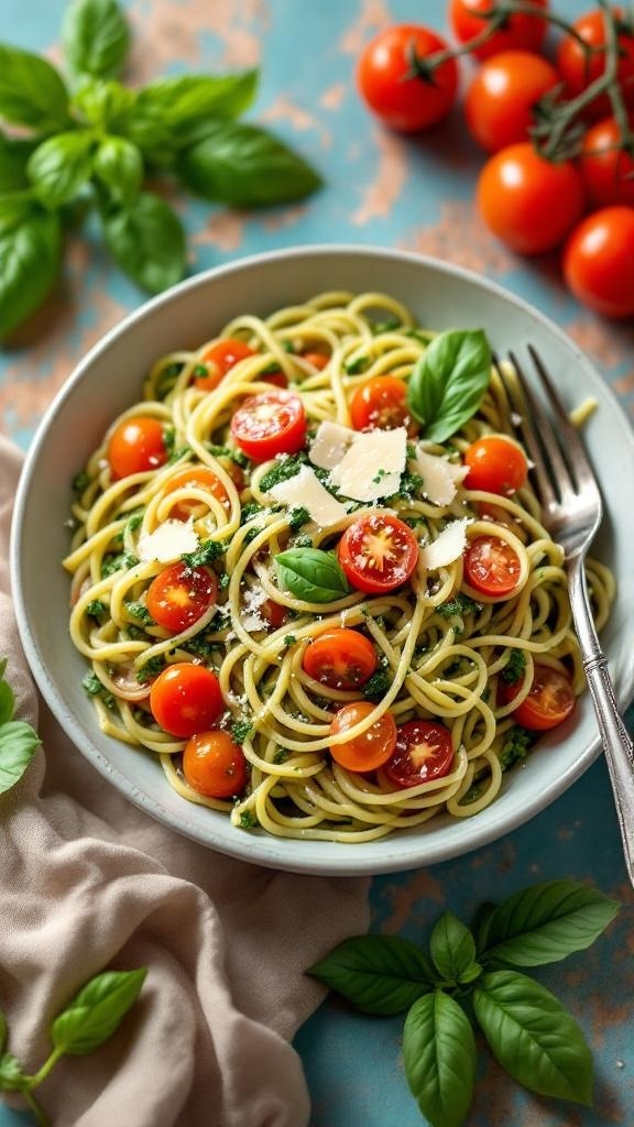 A bowl of Speedy Pesto Pasta with Cherry Tomatoes garnished with basil and Parmesan cheese.
