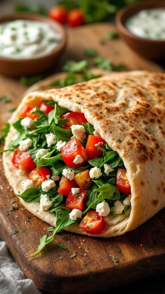Spinach and feta stuffed pita with tomatoes on a wooden board