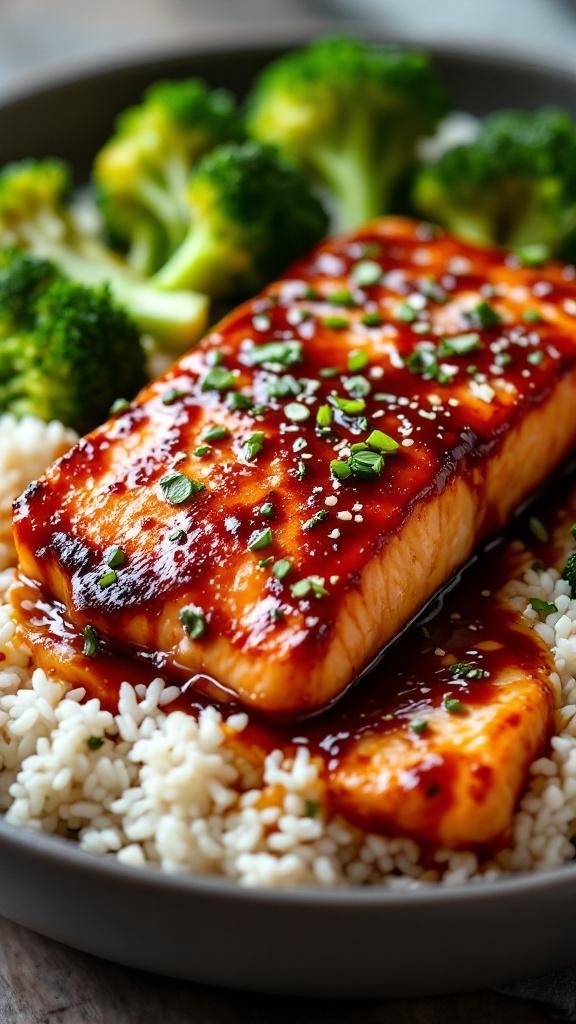 A plate of teriyaki salmon with broccoli and rice, garnished with sesame seeds and green onions.