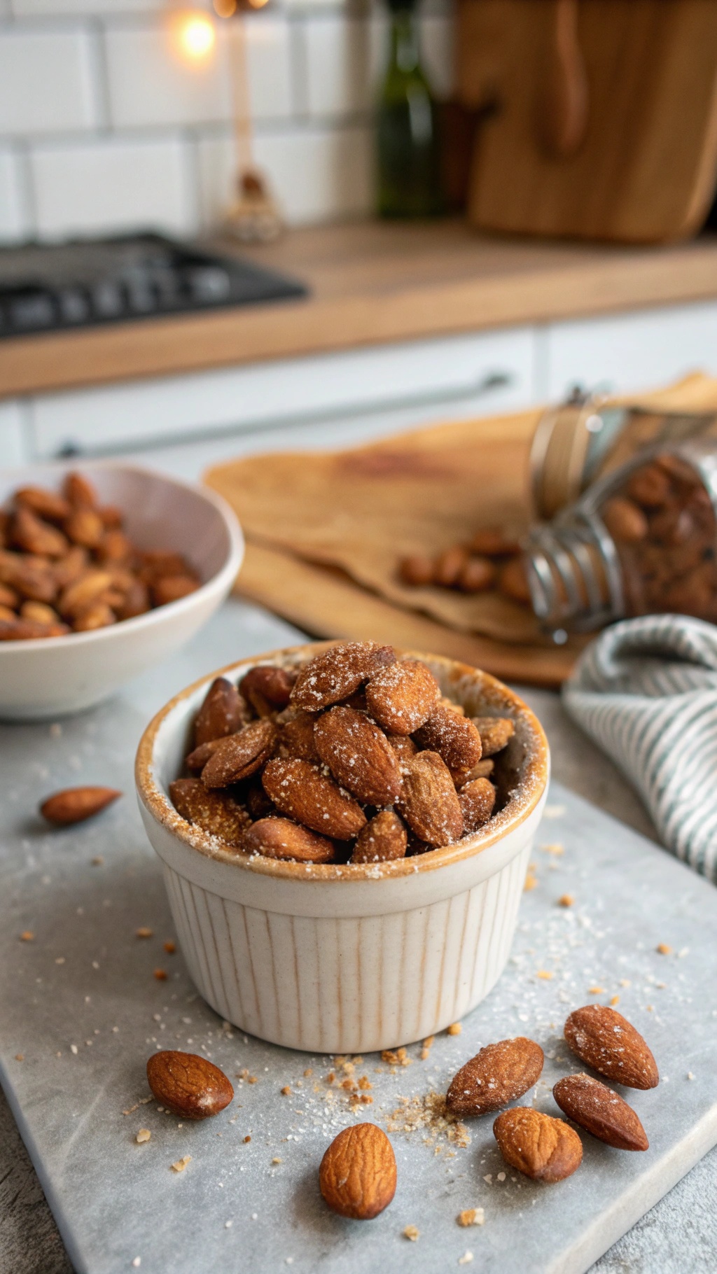 A bowl of spiced almonds on a kitchen counter, with some scattered almonds and a jar in the background.