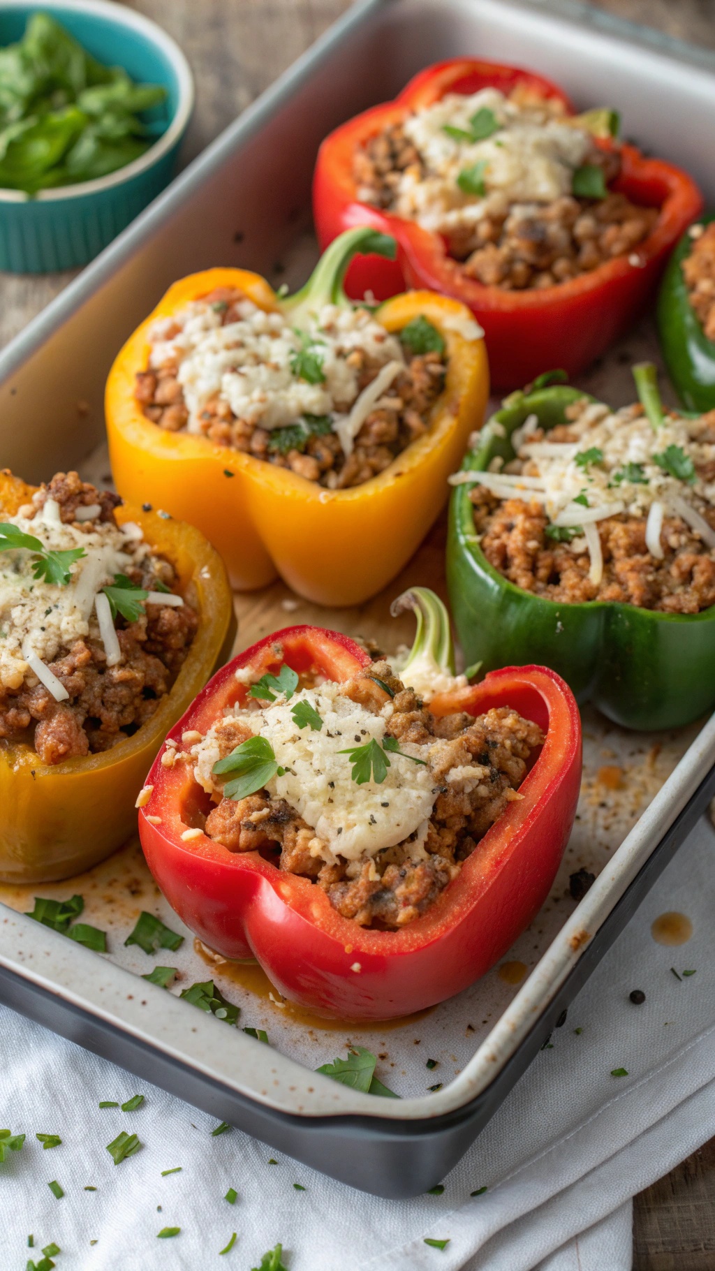 Colorful stuffed bell peppers filled with spiced turkey and cauliflower rice, garnished with cheese and parsley.