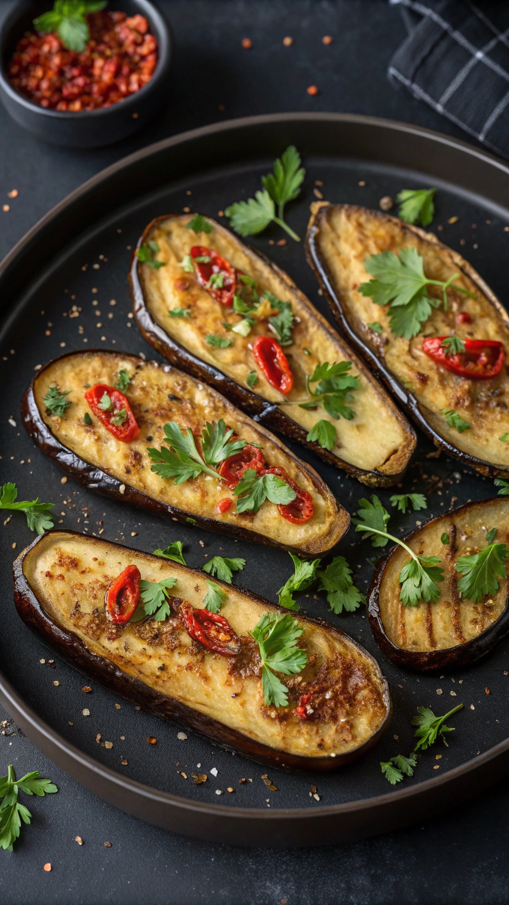 Spicy air fryer eggplant slices garnished with cilantro and red chili on a black plate.
