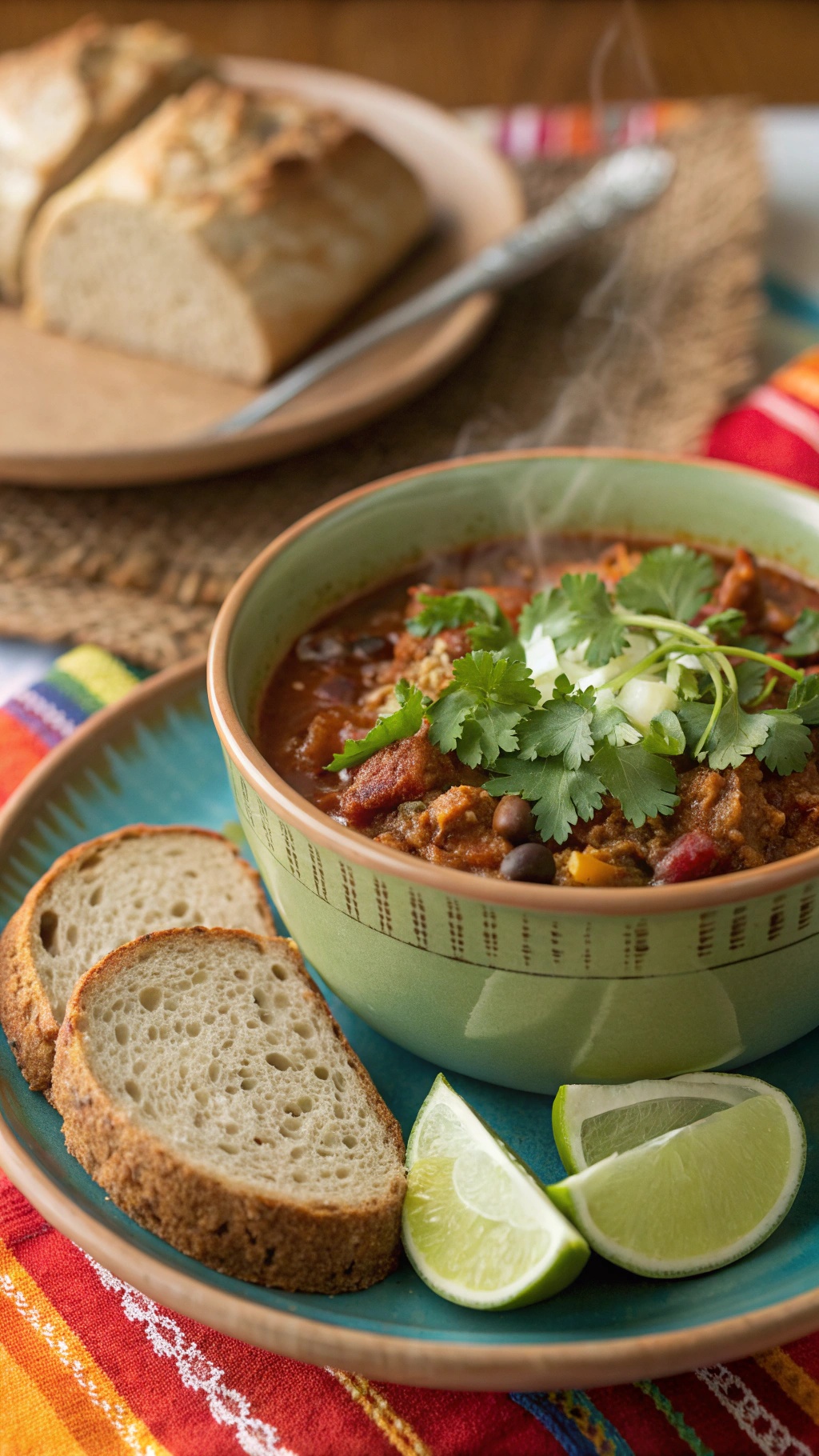A bowl of turkey chili topped with cilantro and sour cream, served with slices of bread and lime wedges.