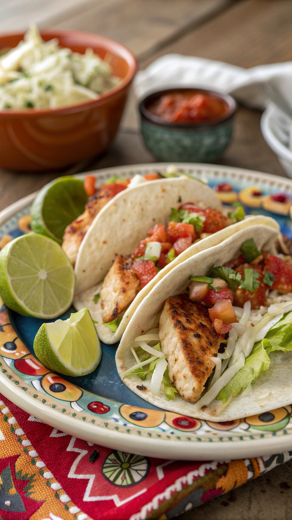 Grilled Chipotle Lime Fish Tacos with lime wedges and salsa on a colorful plate