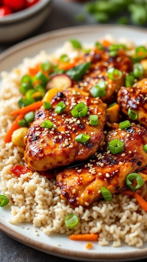 Delicious spicy Asian-inspired chicken thighs served over rice with vegetables and garnished with green onions and sesame seeds.