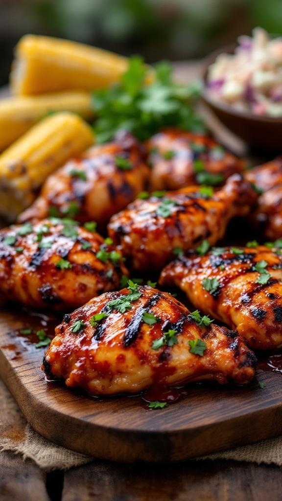 Grilled spicy BBQ chicken thighs garnished with cilantro, served with corn on the cob and coleslaw.