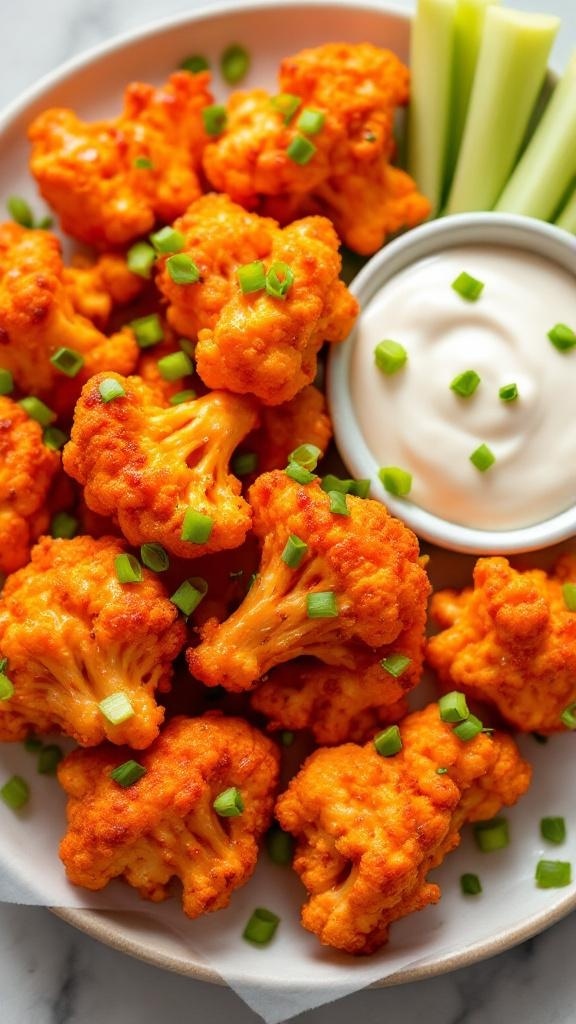 A plate of spicy buffalo cauliflower bites garnished with green onions, served with celery sticks and a creamy dip.