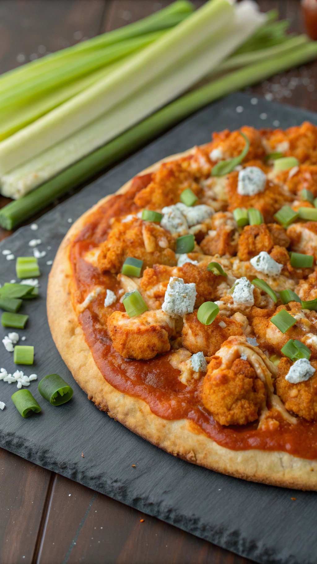 A delicious spicy buffalo cauliflower pizza topped with blue cheese and green onions on a slate board.