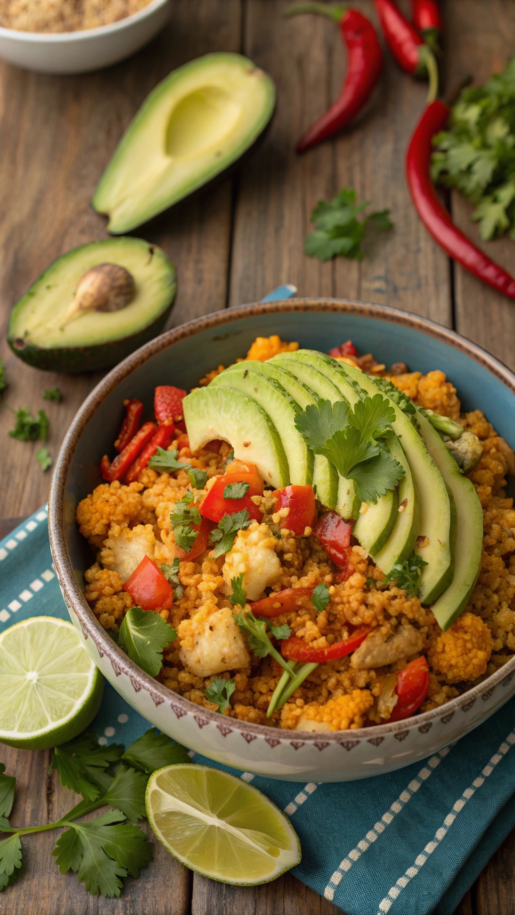 A colorful Spicy Cauliflower Rice Bowl with avocado, red bell peppers, and cilantro on a wooden table.