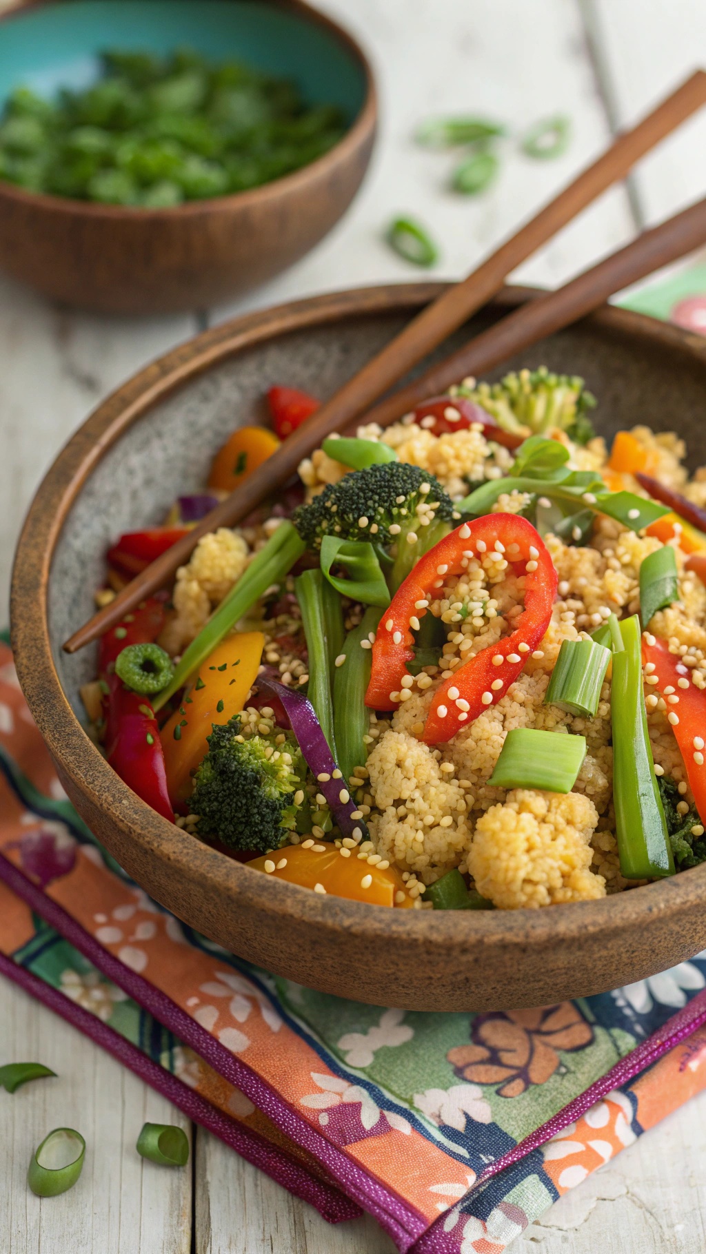 A colorful bowl of spicy cauliflower rice stir-fry with vegetables and chopsticks