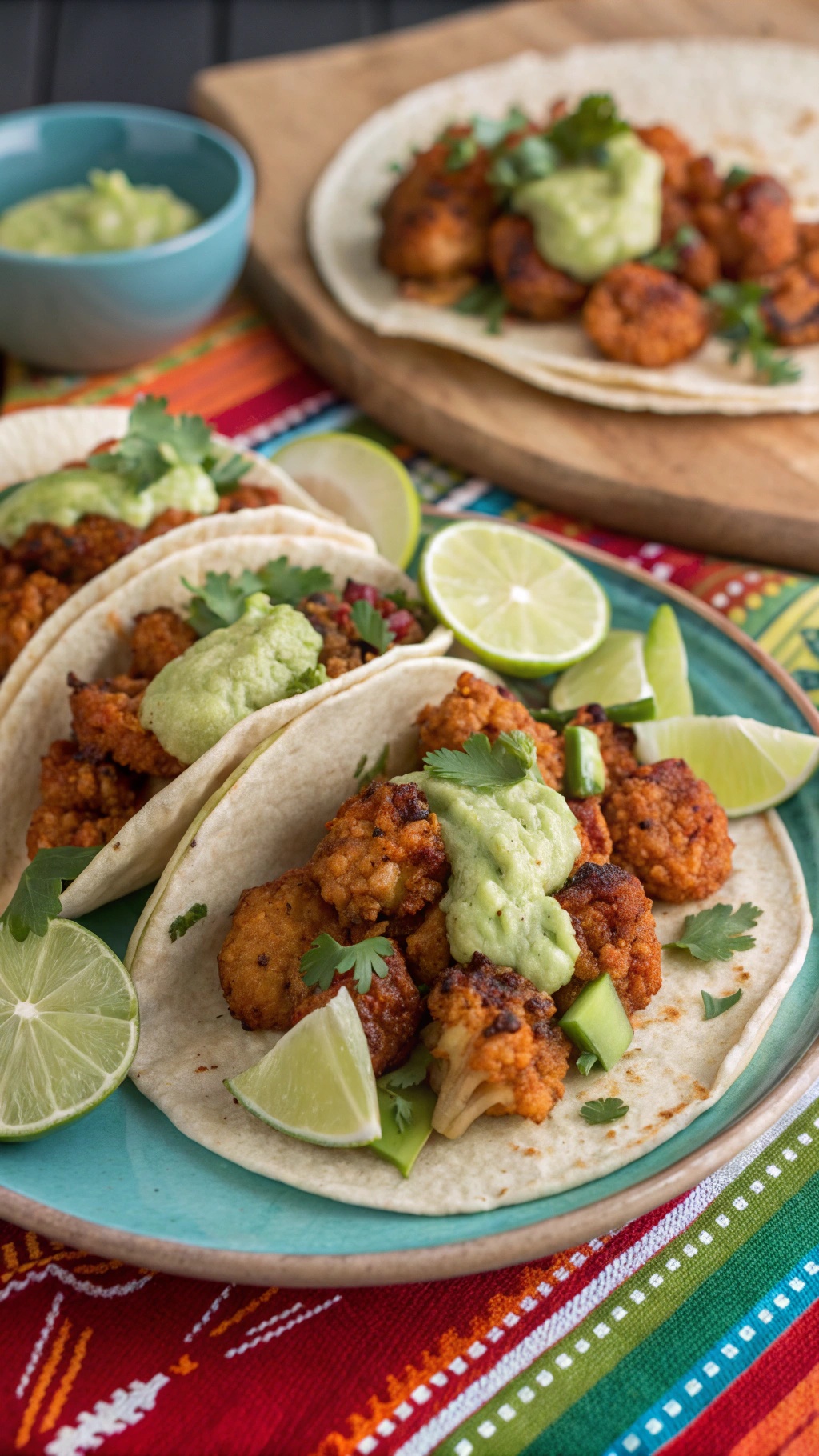 Spicy cauliflower tacos with avocado sauce and lime wedges on a colorful tablecloth.