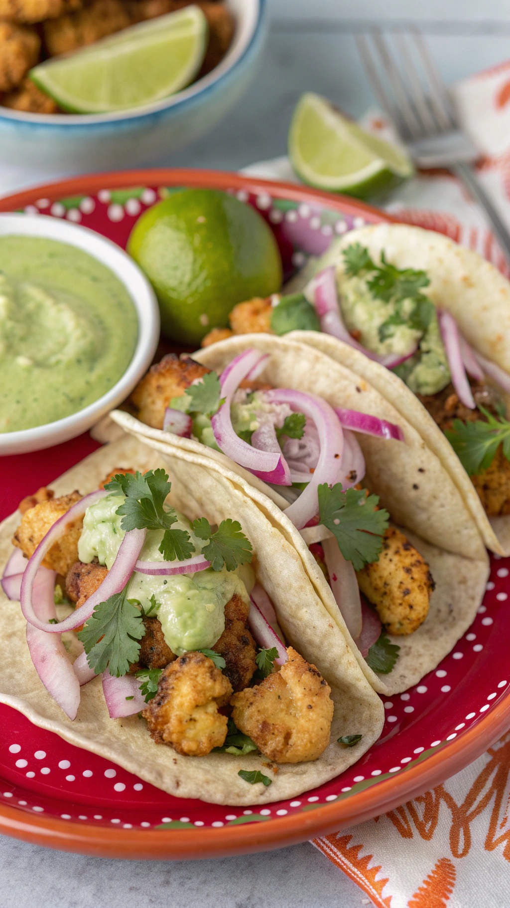 Spicy cauliflower tacos with cilantro lime sauce, garnished with red onions and cilantro on a colorful plate.