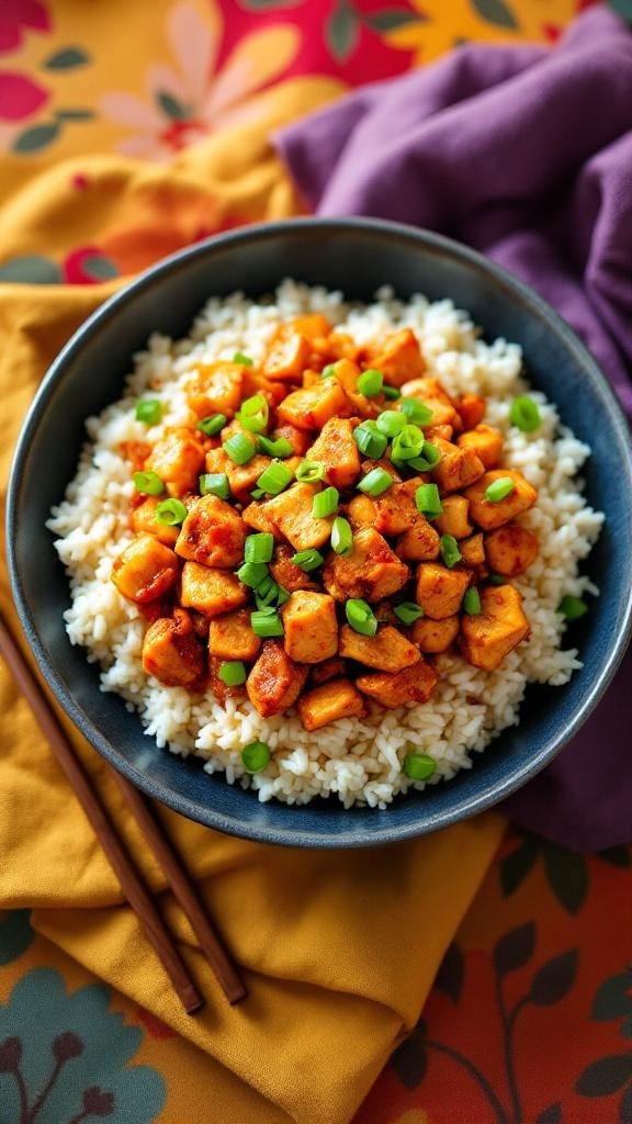 A bowl of spicy chicken served over cauliflower rice, garnished with green onions.