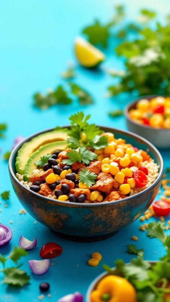 A colorful Spicy Chicken Burrito Bowl with chicken, black beans, corn, avocado, and cilantro on a blue background.