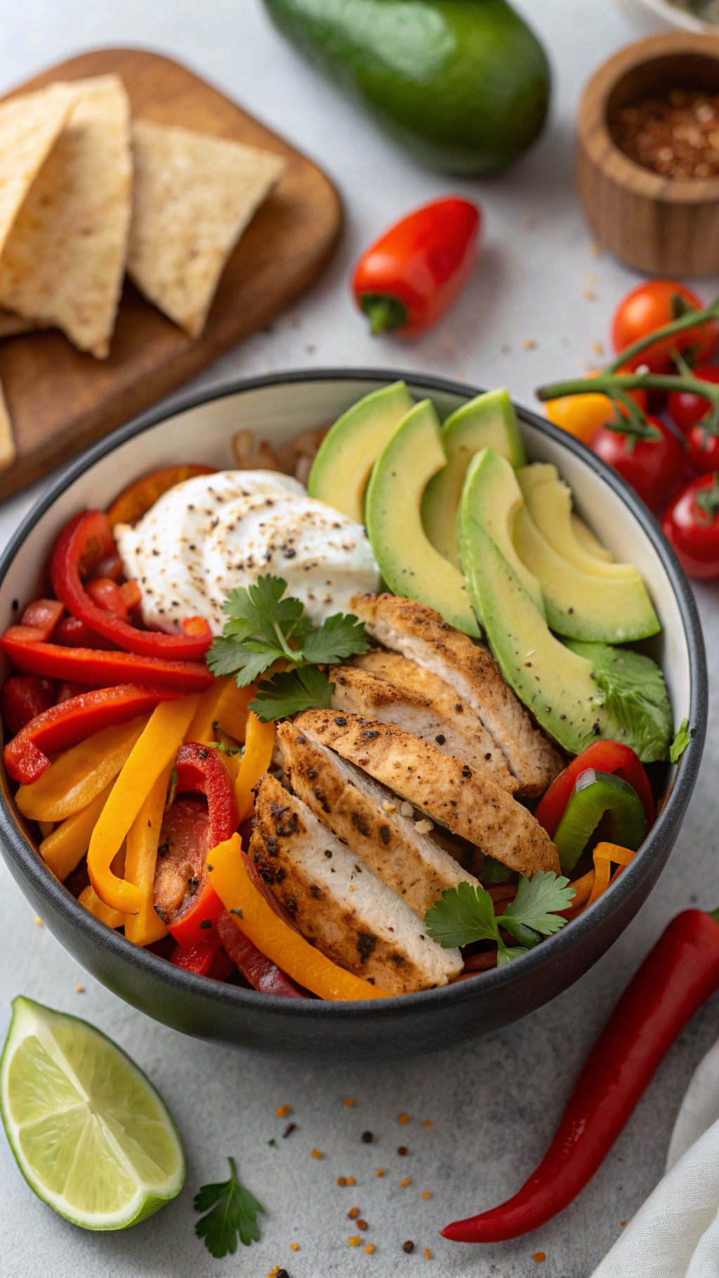 A bowl of Spicy Chicken Fajita with grilled chicken, colorful bell peppers, avocado, and sour cream, garnished with cilantro and lime.