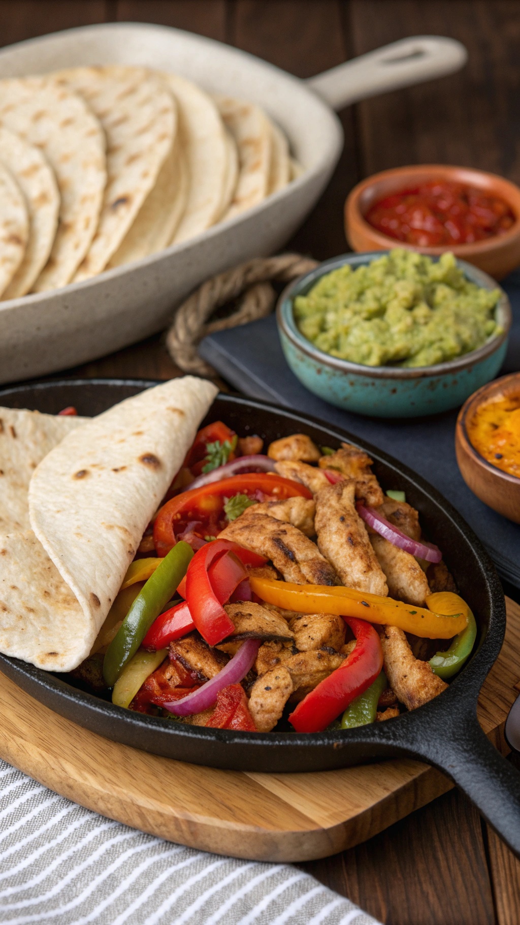 A plate of spicy chicken fajitas with colorful peppers, tortillas, guacamole, and salsa.