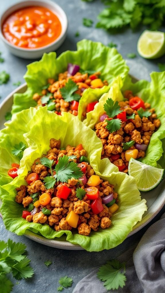 Spicy chicken lettuce wraps filled with colorful vegetables and garnished with cilantro.