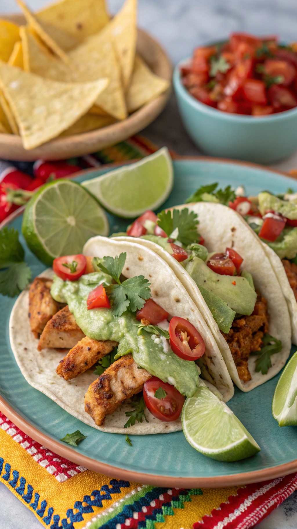 Spicy chicken tacos with avocado crema, topped with tomatoes and cilantro, served with lime wedges and tortilla chips.