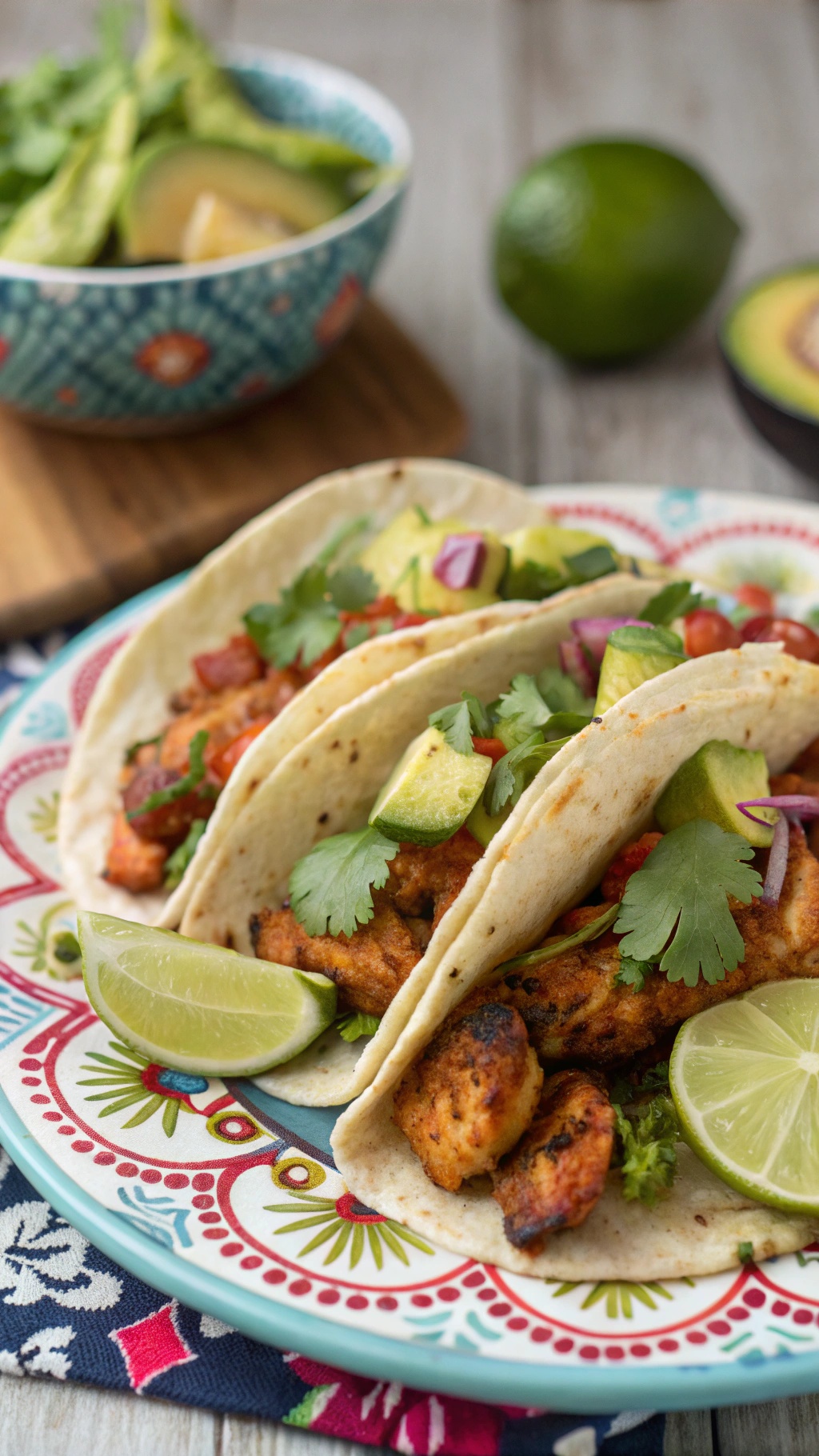 Spicy chicken tacos with avocado salsa on a colorful plate