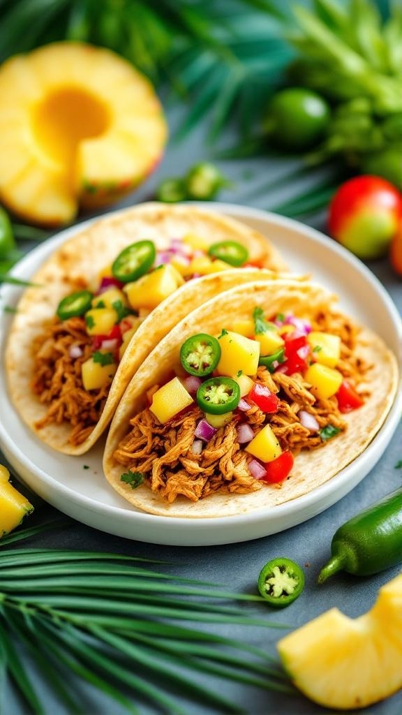 Spicy chicken tacos with pineapple salsa on a plate, surrounded by fresh ingredients.